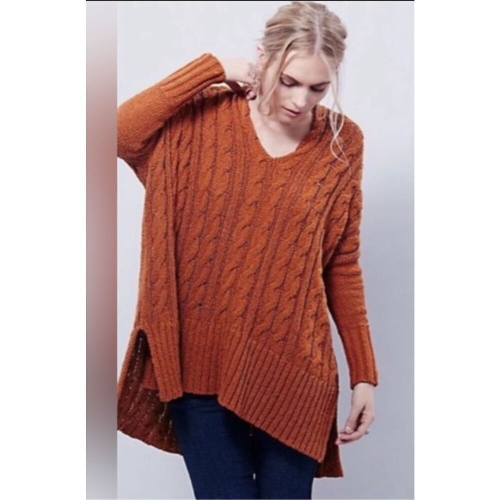 Free People chunky cable knit oversized tunic sweater burnt orange size XS